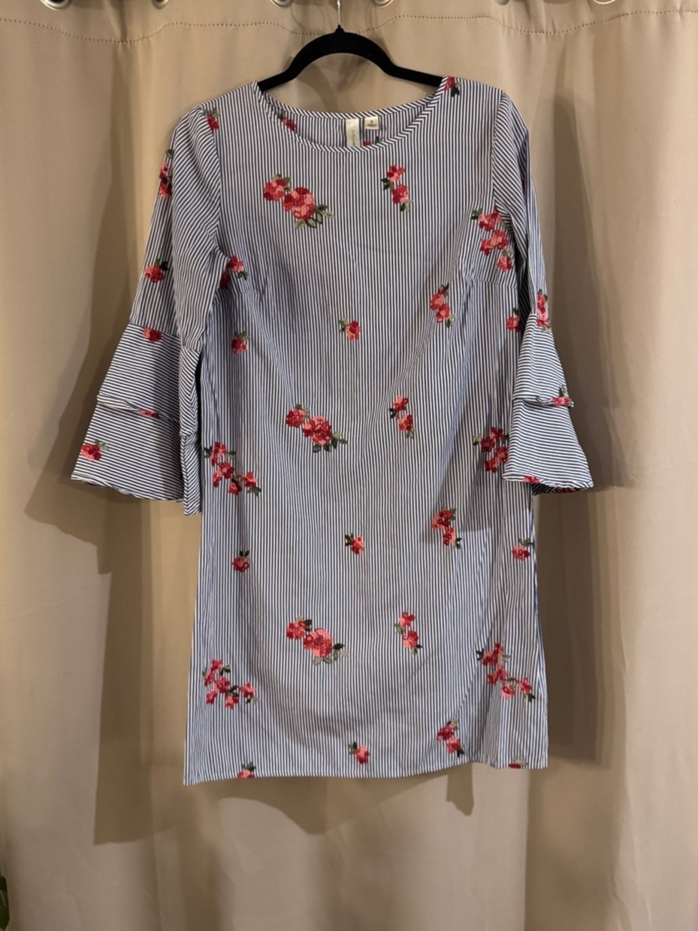 Tacera Blue & White Striped Dress with Red Floral Embroidery